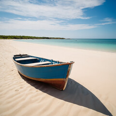 A wooden boat peacefully sits atop a sandy white beach, illuminated by warm sunlight. The calm reflection of the tranquil ocean creates a serene and beautiful scene. The secluded beach with its bright