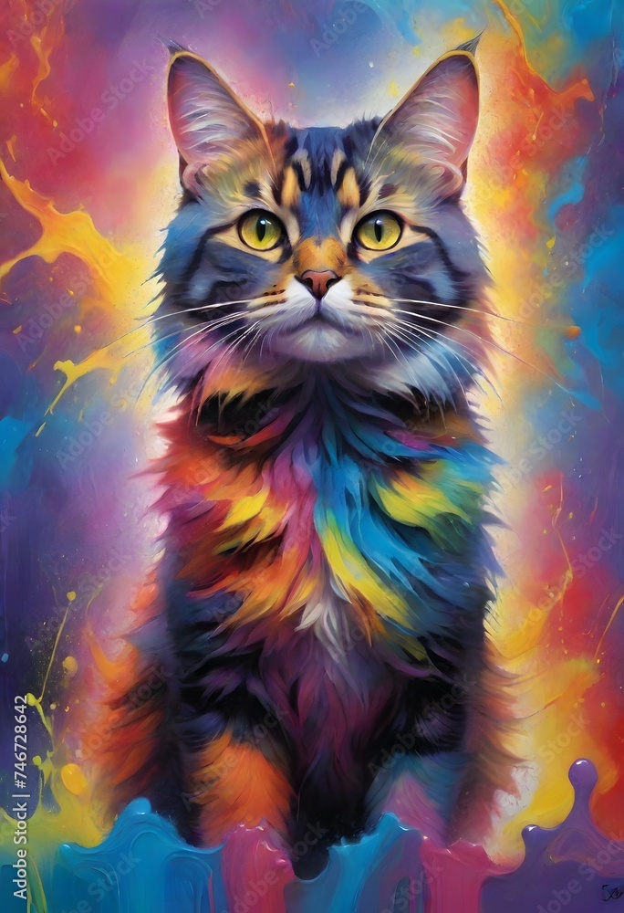 Poster a majestic feline is portrayed with a cosmic array of swirling colors. the artwork blends animal bea