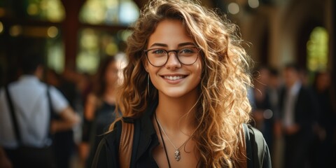 A student girl with a backpack and glasses is standing in the room of the academic building - obrazy, fototapety, plakaty