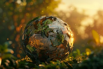 Obraz na płótnie Canvas A captivating image of a gently spinning globe, crafted entirely from recycled materials, set against the backdrop of a lush, green forest