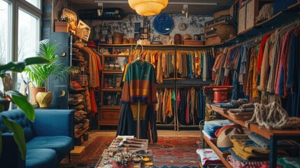 Eclectic vintage fashion boutique interior with diverse clothing and accessories. - obrazy, fototapety, plakaty