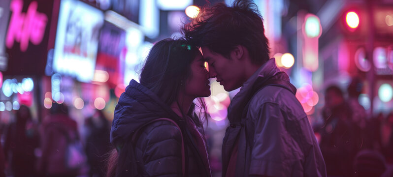 Amidst a bustling cityscape, a couple, prominently shown from the waist up, stands amidst a crowd yet completely engrossed in each other