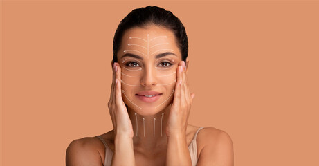 Facial Lifting Concept. Smiling pretty woman with massage lines