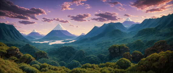 Incredibly beautiful mountain landscape. Dense impenetrable forests in a blue haze. Clouds over a mountain range. Panoramic landscape background.