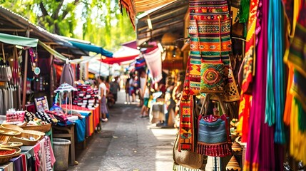 Colorful street market in Asia with traditional items, representing culture and tourism.