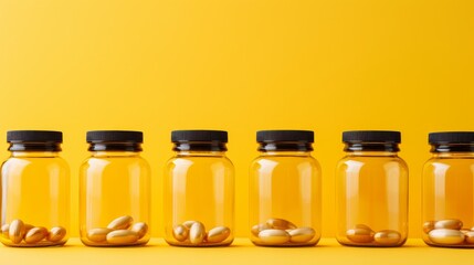 Fish oil capsules bottle on vibrant yellow background with copy space, dietary supplement concept.