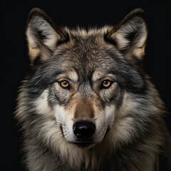 Portrait of a wolf looking straight on a dark background, close up view 