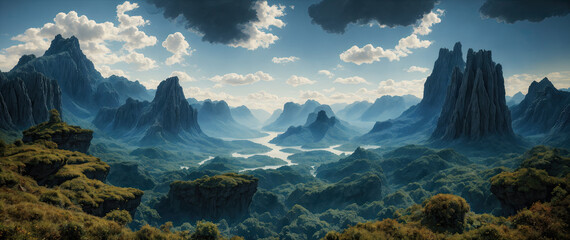 Incredibly beautiful mountain landscape. Dense impenetrable forests in a blue haze. Clouds over a mountain range. Panoramic landscape background.