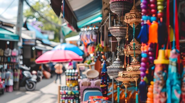 Colorful street market in Asia with traditional items, representing culture and tourism.