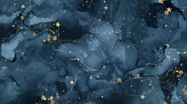 dark blue celestial watercolor bookmark design, gold ink stars, minimalist, modern astrology vibes