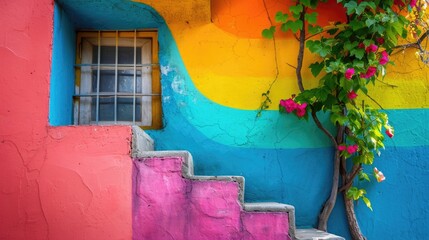 Colorful Staircase and Walls with Flowers