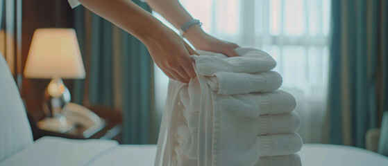 Close up of hands putting clean towels on bed