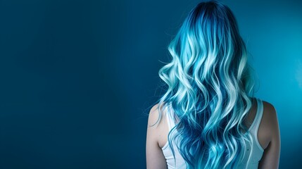 model woman from behind with beautiful long wavy hair, dyed hair - obrazy, fototapety, plakaty