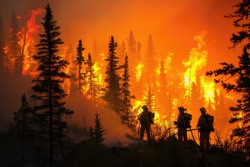 Teamwork of firefighters in the forest, elimination of tree fires in the reserve. International Firefighters' Day