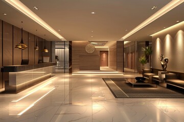 Elegant Hotel Lobby with Reflective Marble Floor