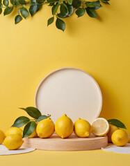 podium with lemons on a yellow background