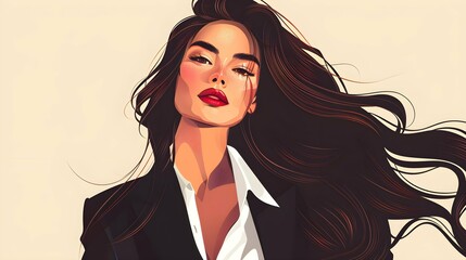 Portrait of a young beautiful woman with long wavy hair in suit. Business lady. Confident female entrepreneur. Female office worker, success manager. Illustration for cover, card, decor,
