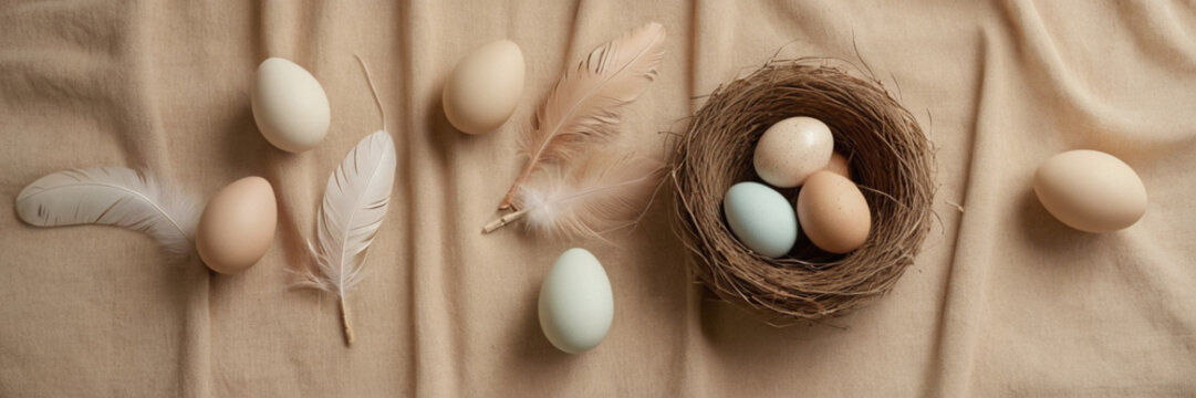 easter eggs in a nest with feather ornament
