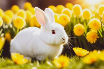 Fluffy white Easter bunny on green grass among yellow flowers on a sunny day. Easter background