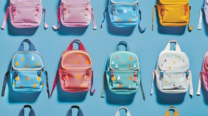 school backpacks on a blue background - obrazy, fototapety, plakaty