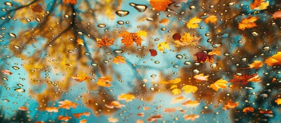 Raindrops and autumn leaves cling to a window, creating a vibrant display of seasonal colors. The rain streaks across the glass, enhancing the earthy hues of the fallen leaves. - obrazy, fototapety, plakaty