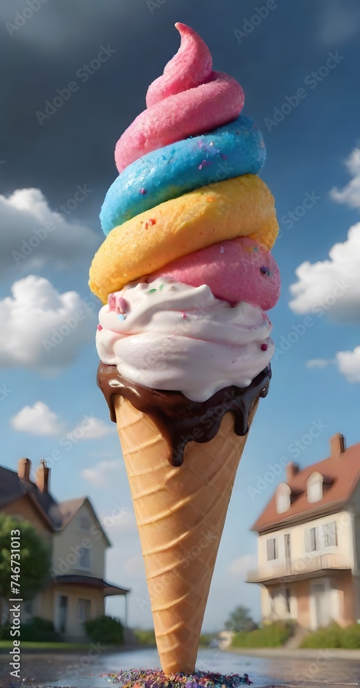 Poster a captivating image of a melting ice cream cone, with surreal colors and a backdrop of a whimsical l