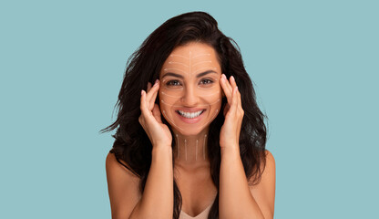 Facial Rejuvenation Concept. Happy pretty woman with massage lines