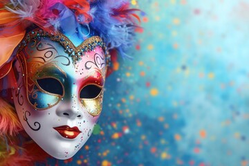 Fototapeta premium Carnival multicolored mask with feathers with space for text
