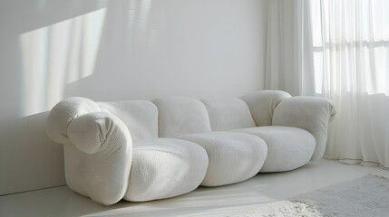 Fototapeta na wymiar White cozy soft sofa. Interior design of living room, warm minimalism, wabi sabi style