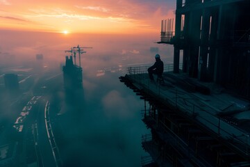 A dramatic, early morning scene at an under-construction skyscraper, where the silhouette of the unfinished structure pierces the sky.