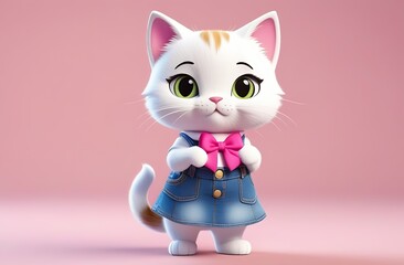 cute kitty in denim skirt and with pink bow stands on pink background