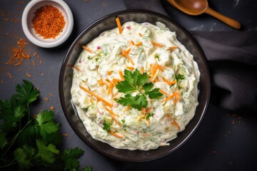 Salad of fresh chopped white cabbage and carrots with mayonnaise dressing