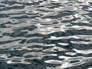 Shining silver water surface with light reflections and small waves.