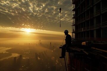 Fototapeta premium A dramatic, early morning scene at an under-construction skyscraper, where the silhouette of the unfinished structure pierces the sky.