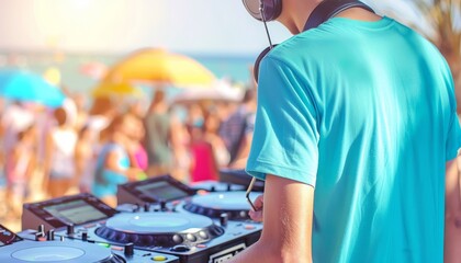 Dj mixing at beach party festival with crowd on blurred background, outdoor event with copy space