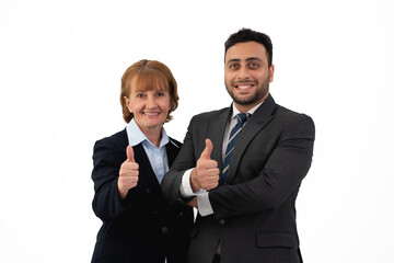 Two cheerful business professionals giving thumbs up in a sign of success or agreement, isolated on white background..
