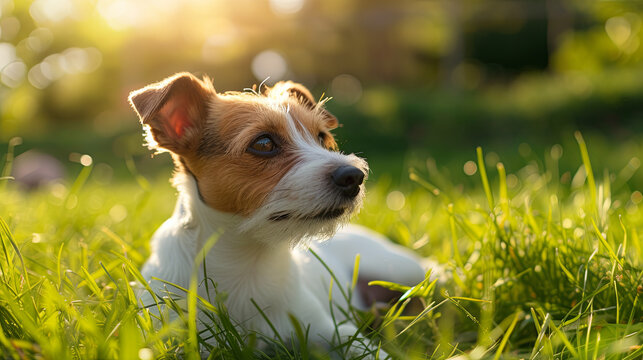 
An adorable dog lounging on the lush green grass in a sunlit spring park