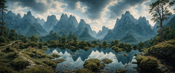 Mountain beautiful landscape. Dense impenetrable forests in a blue haze. Mountain mirror lake....