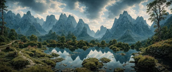 Fotobehang Mountain beautiful landscape. Dense impenetrable forests in a blue haze. Mountain mirror lake. Clouds over a mountain range. Panoramic landscape background. © derplan13