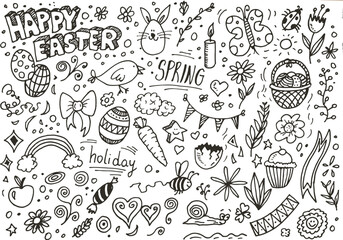 Happy easter hand drawn vector doodles, cartoon style elements
