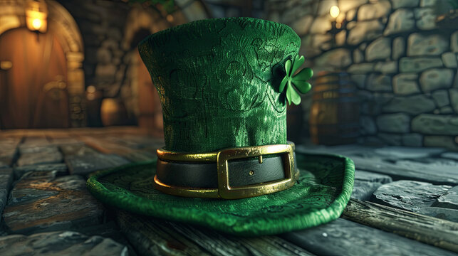 A brown wooden background showcases a green leprechaun hat decorated with clover , perfect for St. Patrick's Day