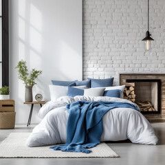 Bed with quilt pillows near fireplace against white brick wall. Loft, modern bedroom interior design