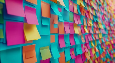 Colorful Array of Post-it Notes on Wall - Office Brainstorming Session Tools