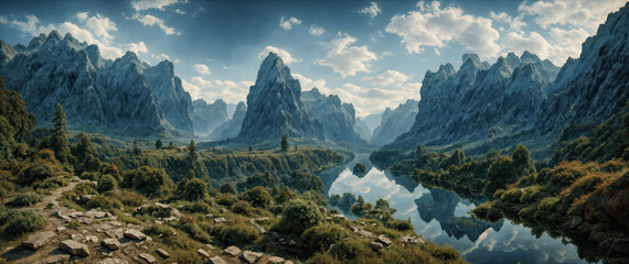 Mountain beautiful landscape. Dense impenetrable forests in a blue haze. Mountain mirror lake. Clouds over a mountain range. Panoramic landscape background.