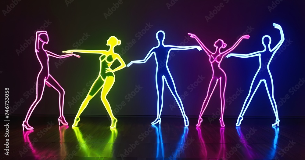 Poster a vibrant display of neon-lit figures in a dance formation, each casting a colorful glow against the