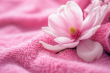 Close-up of a pink magnolia flower alongside a pink spa towel, background concept for beauty...