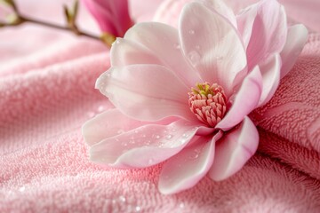 Beauty concept with a pink magnolia and spa towel