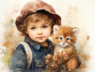 child with cat. friend .concept of lonely. watercolor drawing. nature, animal care, friendship