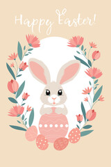 Cute greeting card with cartoon bunny. Trendy Easter design with lettering, bunny, spring flowers, eggs, bunny ears, in pastel colors. Hand drawn vector illustration.