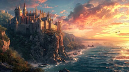 A medieval castle on a cliff overlooking the ocean, with knights and dragons. Medieval castle, cliffside setting, ocean view, knights, dragons, epic fantasy. Resplendent. - obrazy, fototapety, plakaty